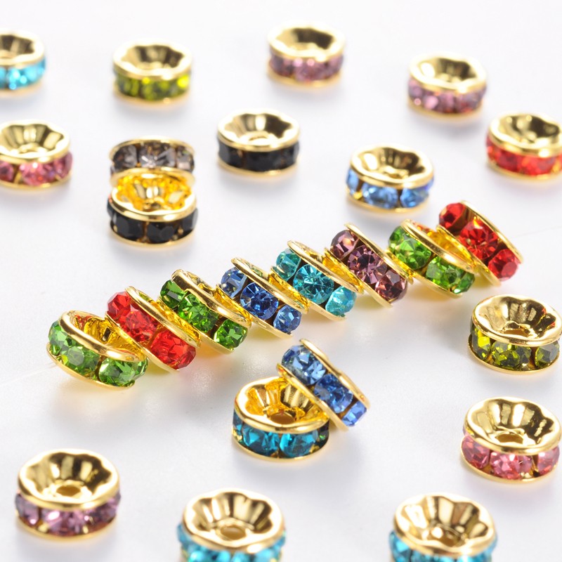 PandaHall Brass Grade A Rhinestone Spacer Beads, Golden Plated, Rondelle, Nickel Free, Mixed Color, 8x3.8mm, Hole: 1.5mm Brass+Rhinestone...