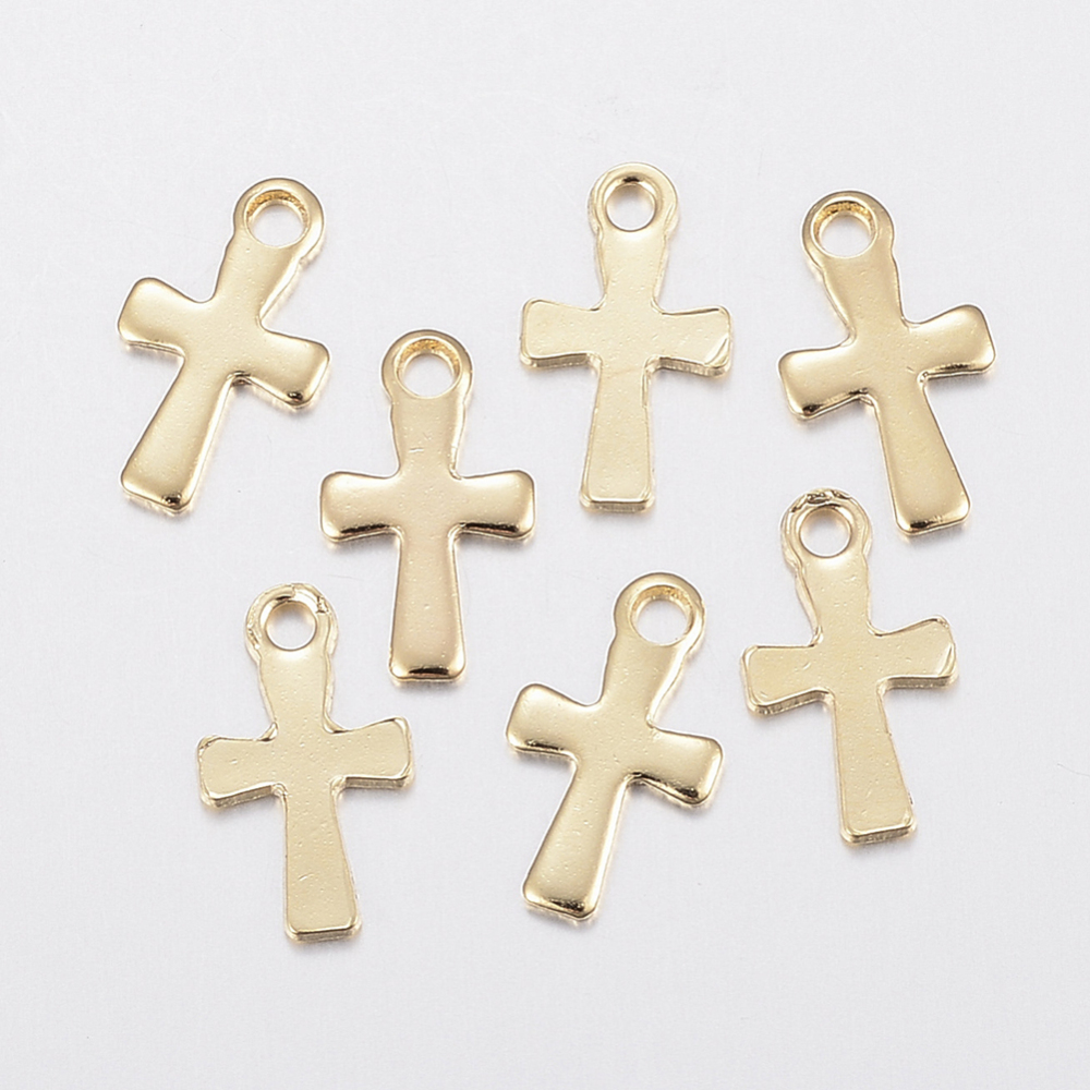 PandaHall 304 Stainless Steel Charms, Cross, Golden, 12x7x0.8mm, Hole: 1.5mm Stainless Steel Cross