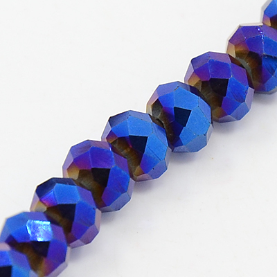 PandaHall Electroplate Glass Strands, Full Plated, Faceted, Rondelle, Blue Plated, 6x4mm, Hole: 1mm; about 101pcs/strand, 18.5" Glass...