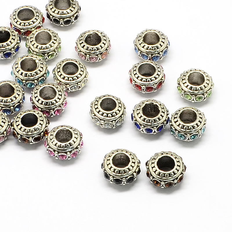 PandaHall Alloy Rhinestone European Beads, Rondelle Large Hole Beads, Mixed Color, 11x7mm, Hole: 5mm Alloy+Rhinestone Rondelle Multicolor