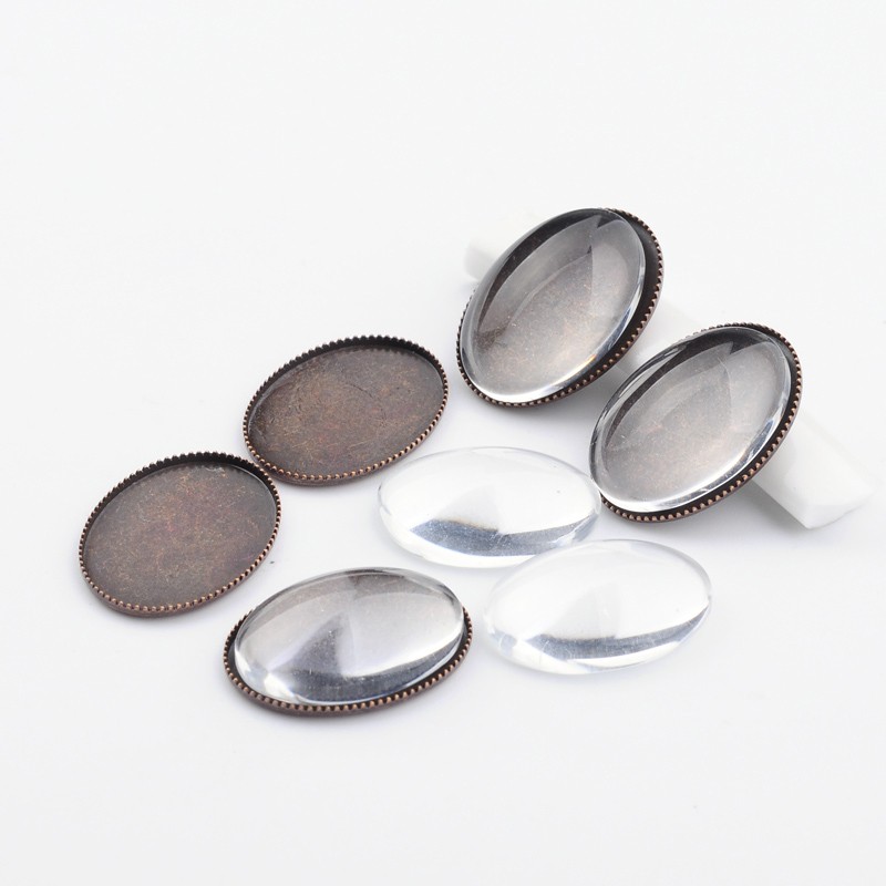 PandaHall DIY Brass Cabochon Bezel Settings and Clear Glass Cabochons, Oval, Lead Free & Cadmium Free & Nickel Free, Red Copper...