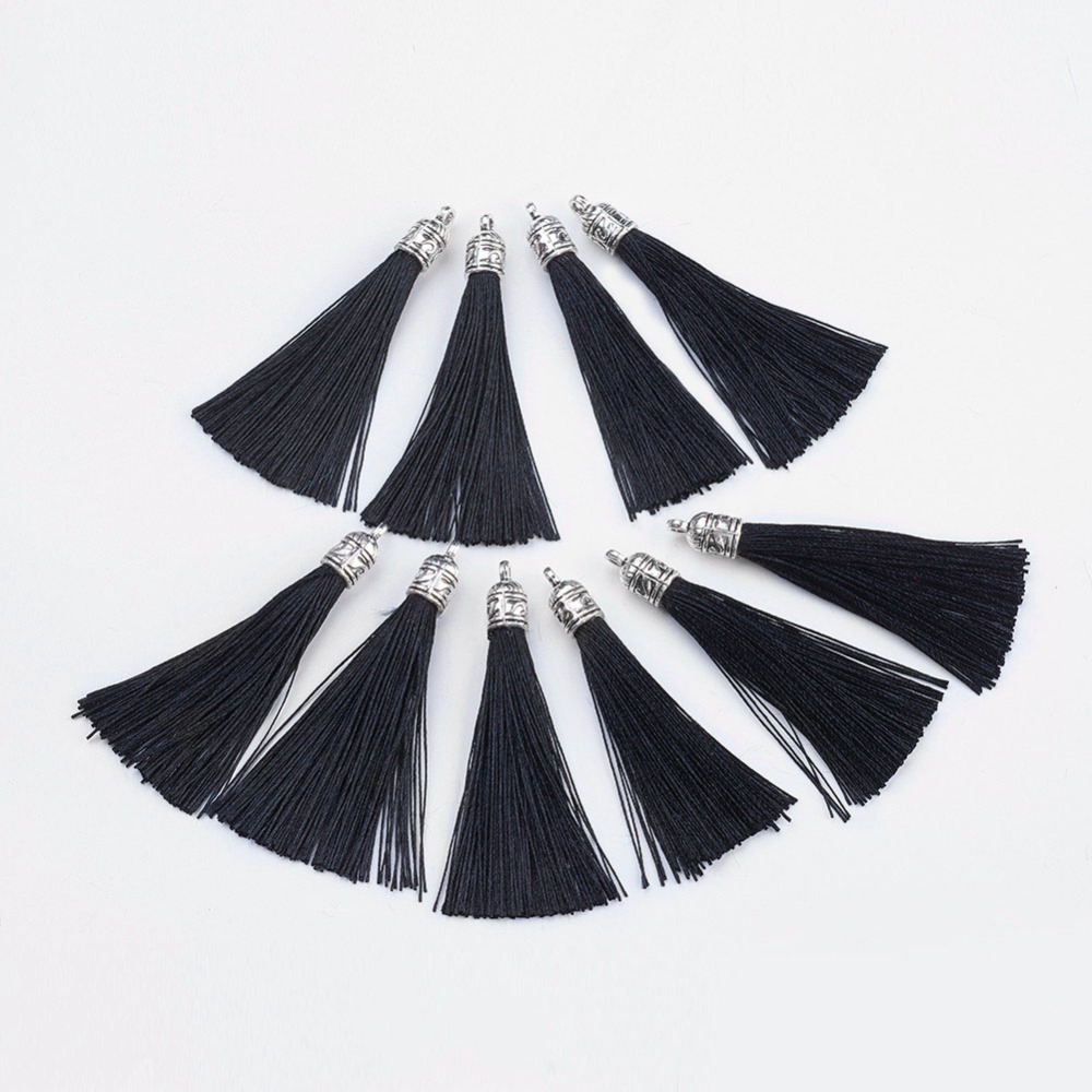 PandaHall Nylon Tassels Big Pendant Decorations, with Antique Silver Alloy Findings, Black, 55~67x7mm, Hole: 2mm Nylon Black