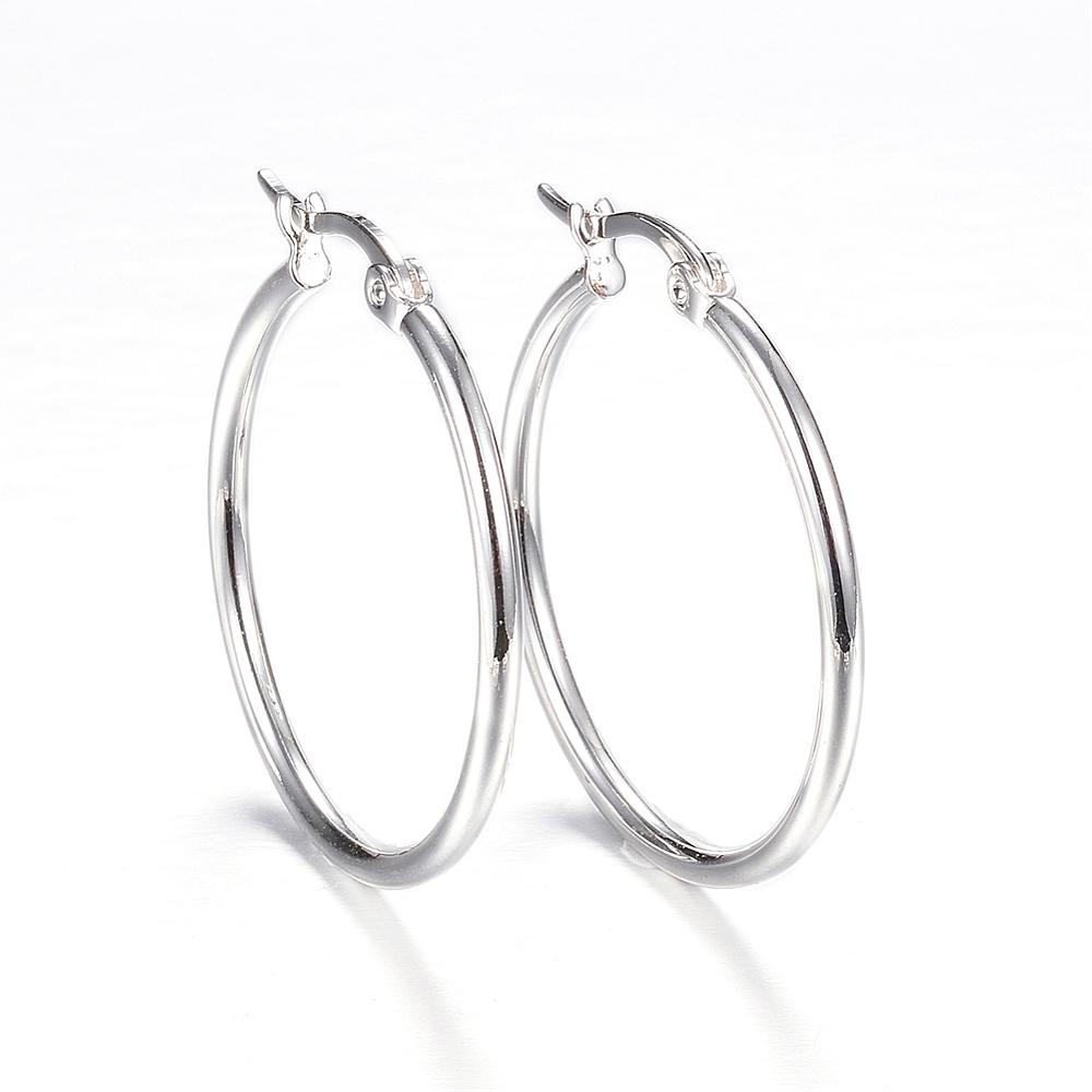 PandaHall 304 Stainless Steel Hoop Earrings, Ring, Silver, 31x30x2mm; pin: 1x0.8mm Stainless Steel Silver
