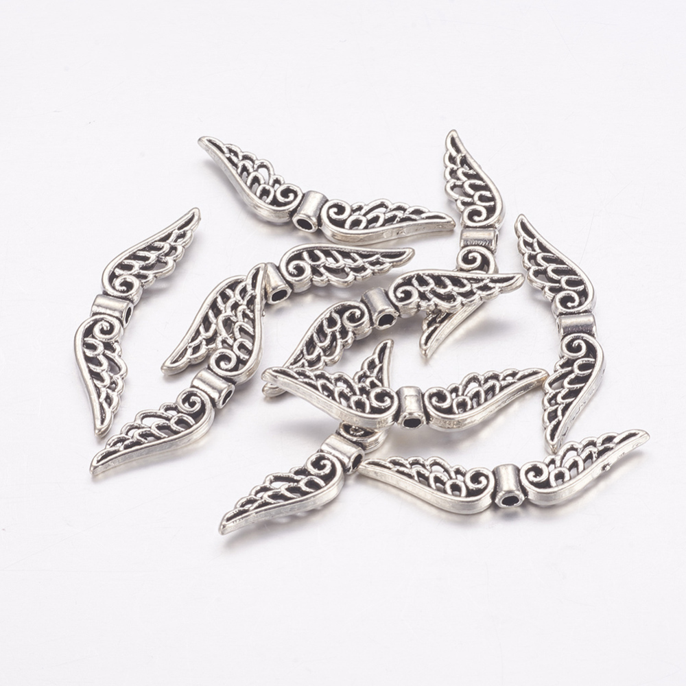 PandaHall Tibetan Style Beads, Cadmium Free & Lead Free & Nickel Free, Wing, Antique Silver, 7x32x1mm, Hole: 1mm Alloy Wing