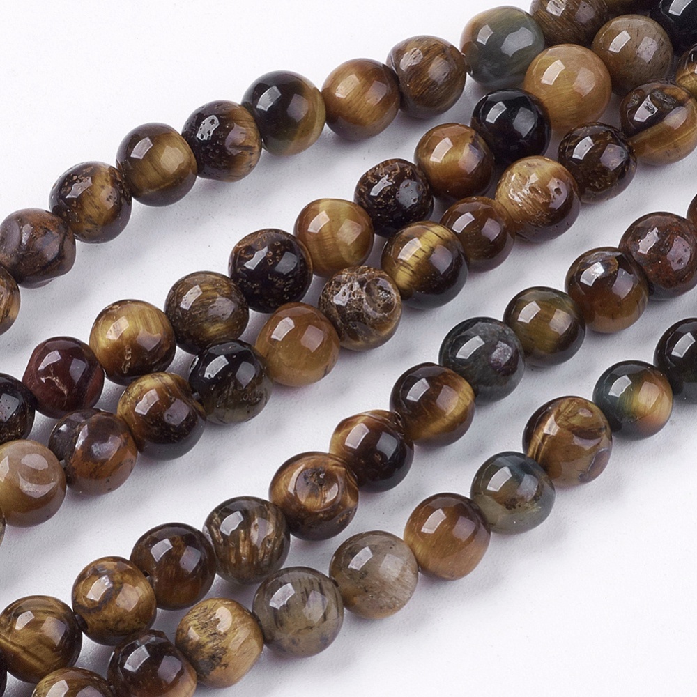 PandaHall Natural Tiger Eye Round Bead Strands, 6mm, Hole: 1mm; about 62pcs/strand, 15.7" Tiger Eye Round Brown