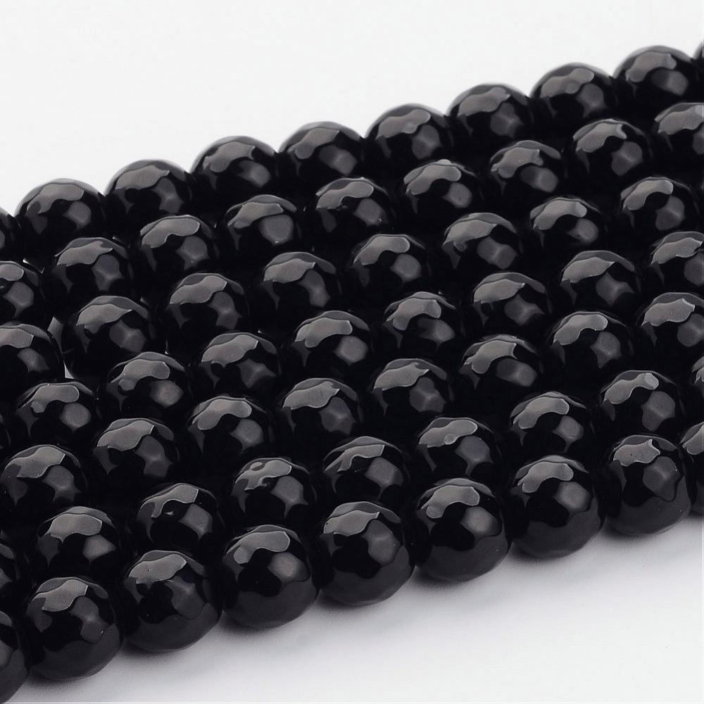PandaHall Gemstone Beads Strands, Black Agate, Natural, Faceted Round, Dyed, Black, about 10mm in diameter, hole: 1mm, 38 pcs/strand, 15"...