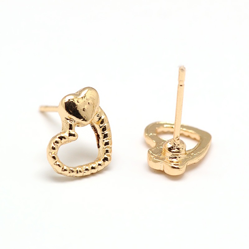 PandaHall Golden Alloy Heart Ear Studs, 8x10.5x1mm; Pin: 0.8mm Alloy