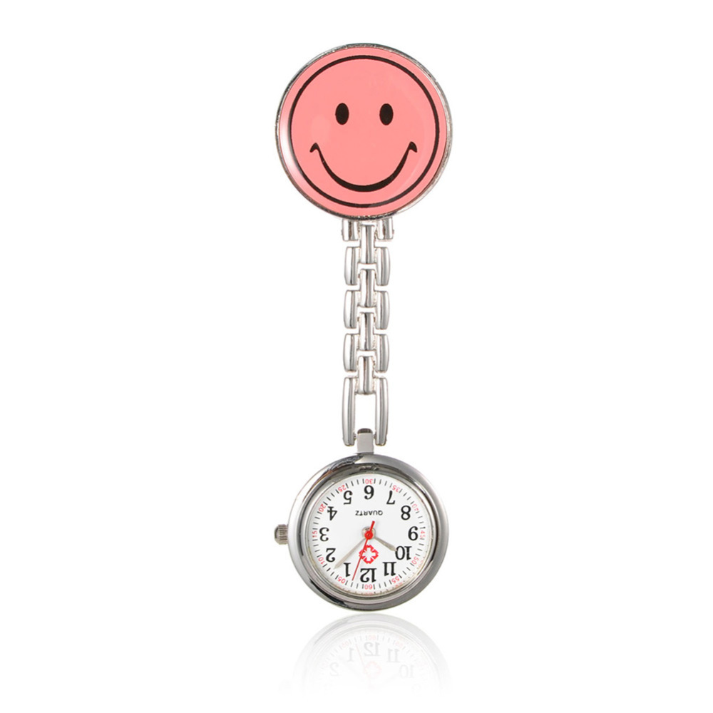 PandaHall Alloy Smiley Nurse Table Pocket Watches, with Alloy Enamel Table, Metal Chains and Iron Clips, Flat Round, Pink, 91mm; Watch Head...