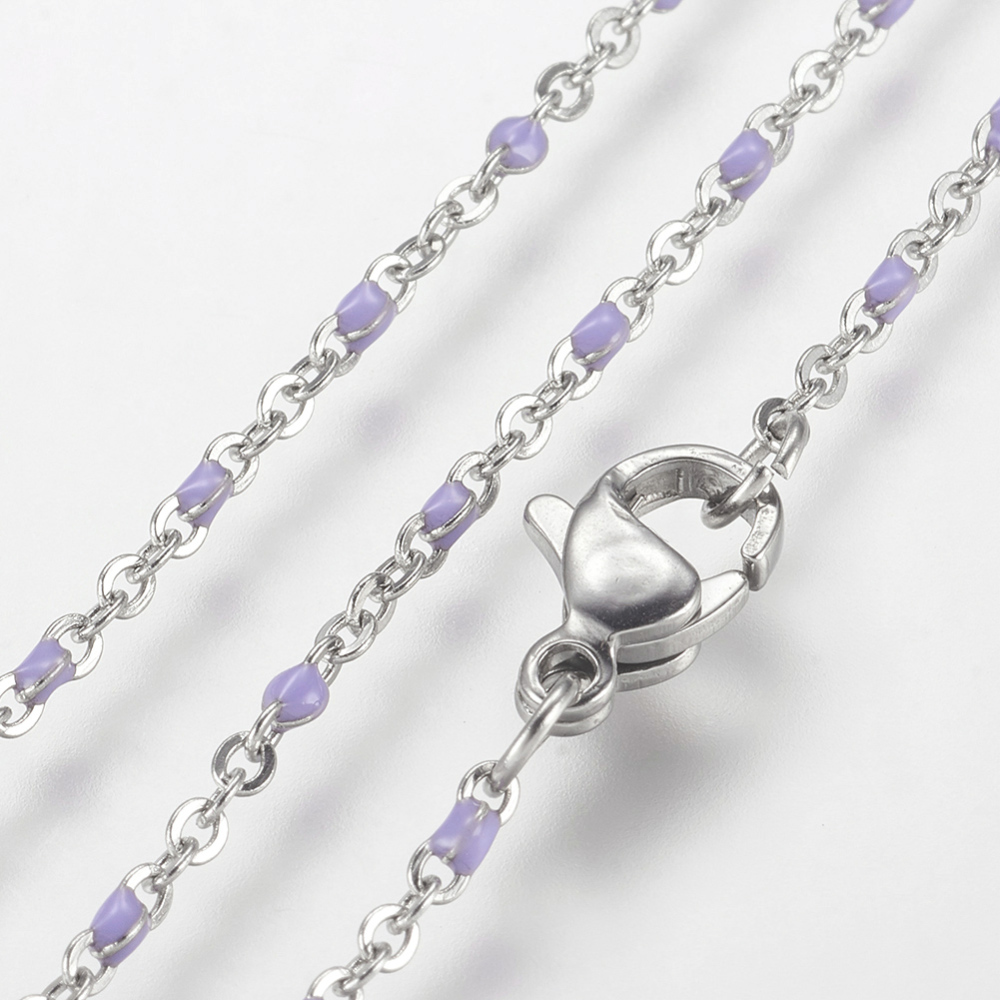 PandaHall 304 Stainless Steel Chain Necklaces, with Enamel, Platinum, Lilac, 17.91"(45.5cm); 2mm Stainless Steel Purple
