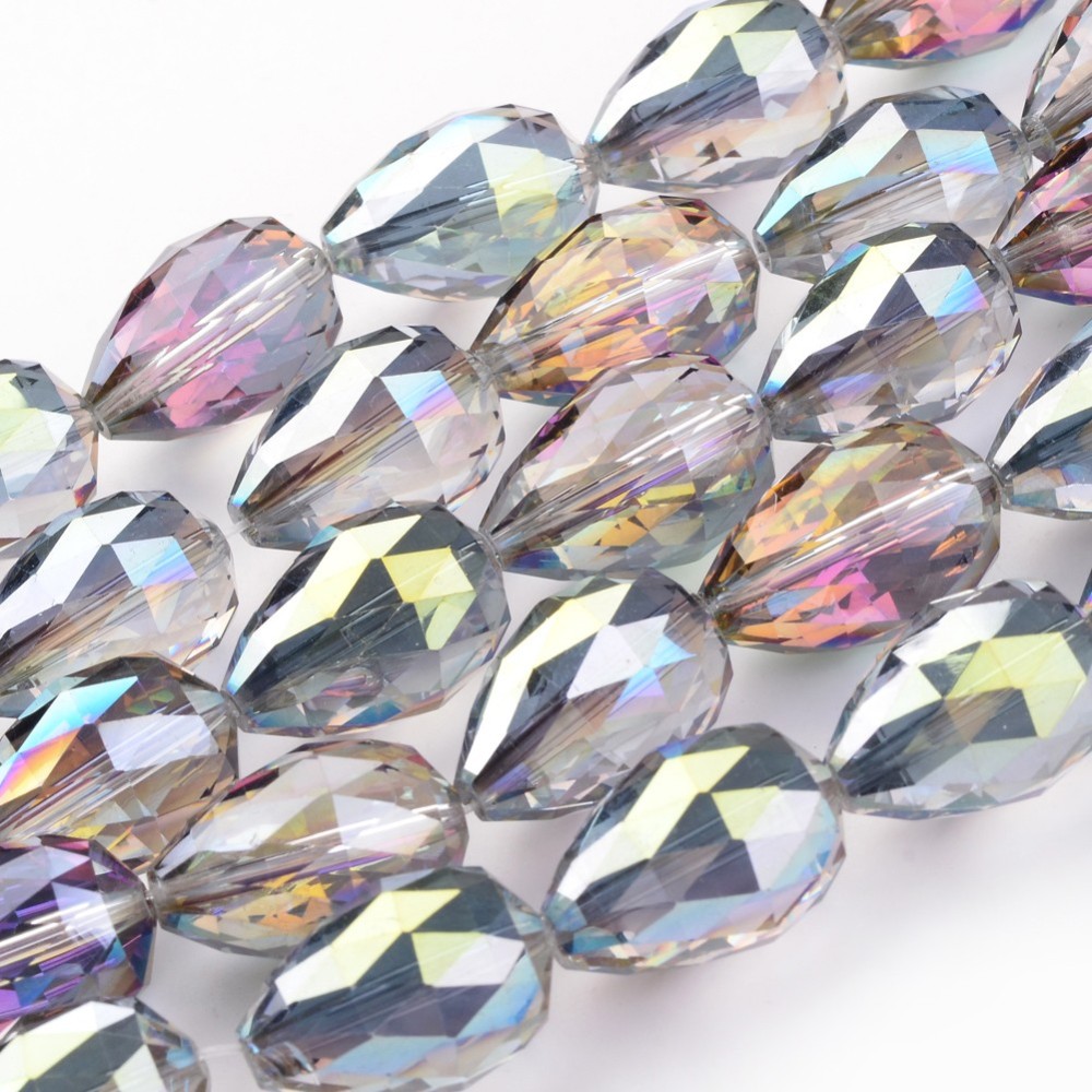 PandaHall Electroplate Glass Bead Strands, Half Plated, Faceted, Drop, Green Plated, 25x18mm, Hole: 2mm; 8pcs/strand, 8"(21cm) Glass Drop