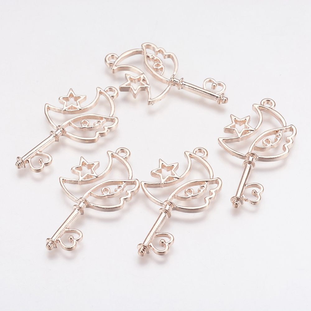 PandaHall Alloy Open Back Bezel Pendants, For DIY Resin, Pressed Flower Jewelry, Moon Key, Rose Gold, 39x19.5x3mm, Hole: 2mm Alloy Key