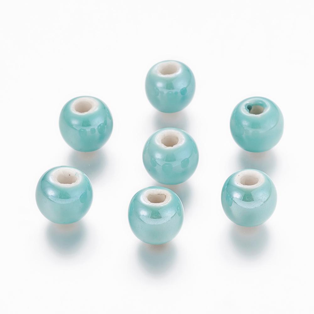 PandaHall Pearlized Aquamarine Handmade Porcelain Round Beads, 10mm, Hole: 2~3mm Porcelain Round Green