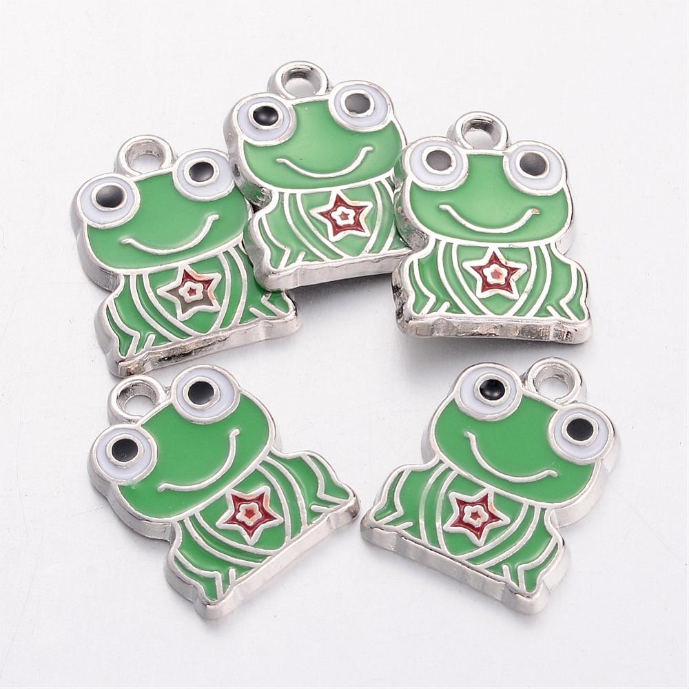 PandaHall Alloy Enamel Pendants, Frog, Lead Free & Cadmium Free & Nickel Free, Platinum, LimeGreen, about 16.5mm long, 12.5mm wide, 1mm...