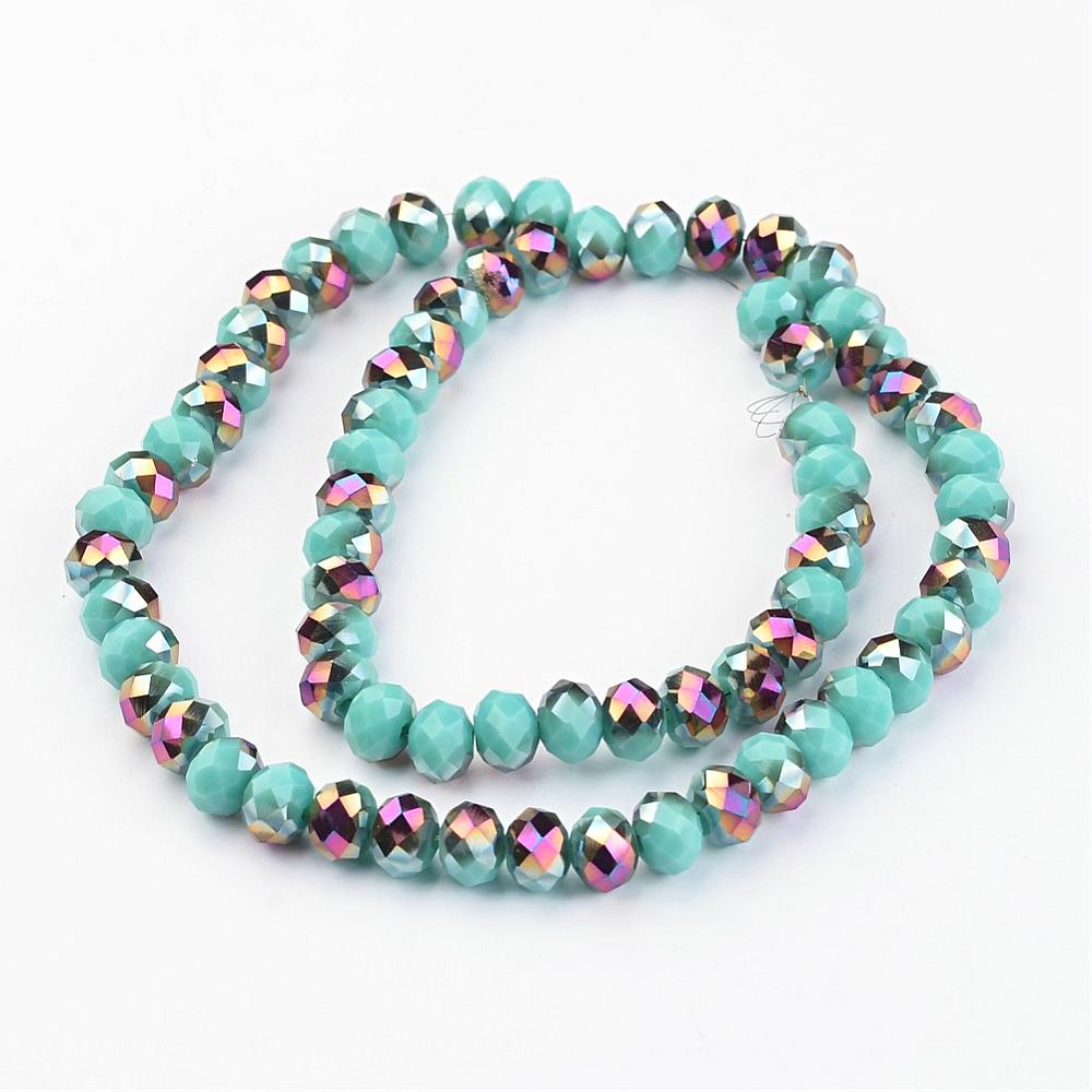 PandaHall Electroplate Glass Bead Strands, Half Plated, Faceted, Rondelle, LightSeaGreen, 8x6mm, Hole: 1mm; about 72pcs/strand, 15.7'' Glass...