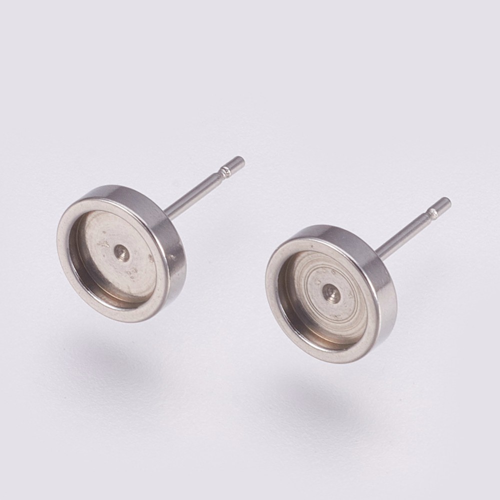 PandaHall 304 Stainless Steel Stud Earring Settings, Flat Round, Stainless Steel Color, Tray: 6mm; 8x2mm; Pin: 0.8mm Stainless Steel