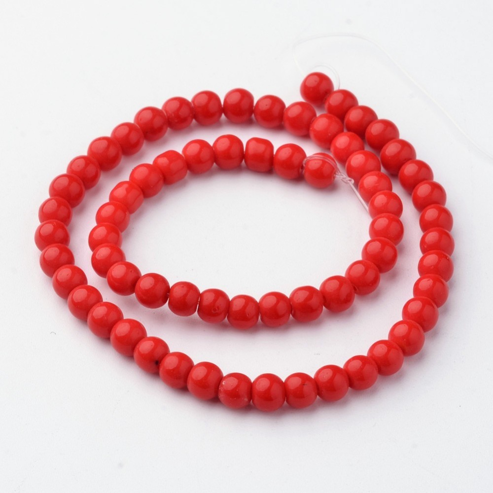 PandaHall Glass Beads Strands, Round, Dyed, Red, 4mm, Hole: 1mm; about 72pcs/strand, 10.3' Glass Round Red