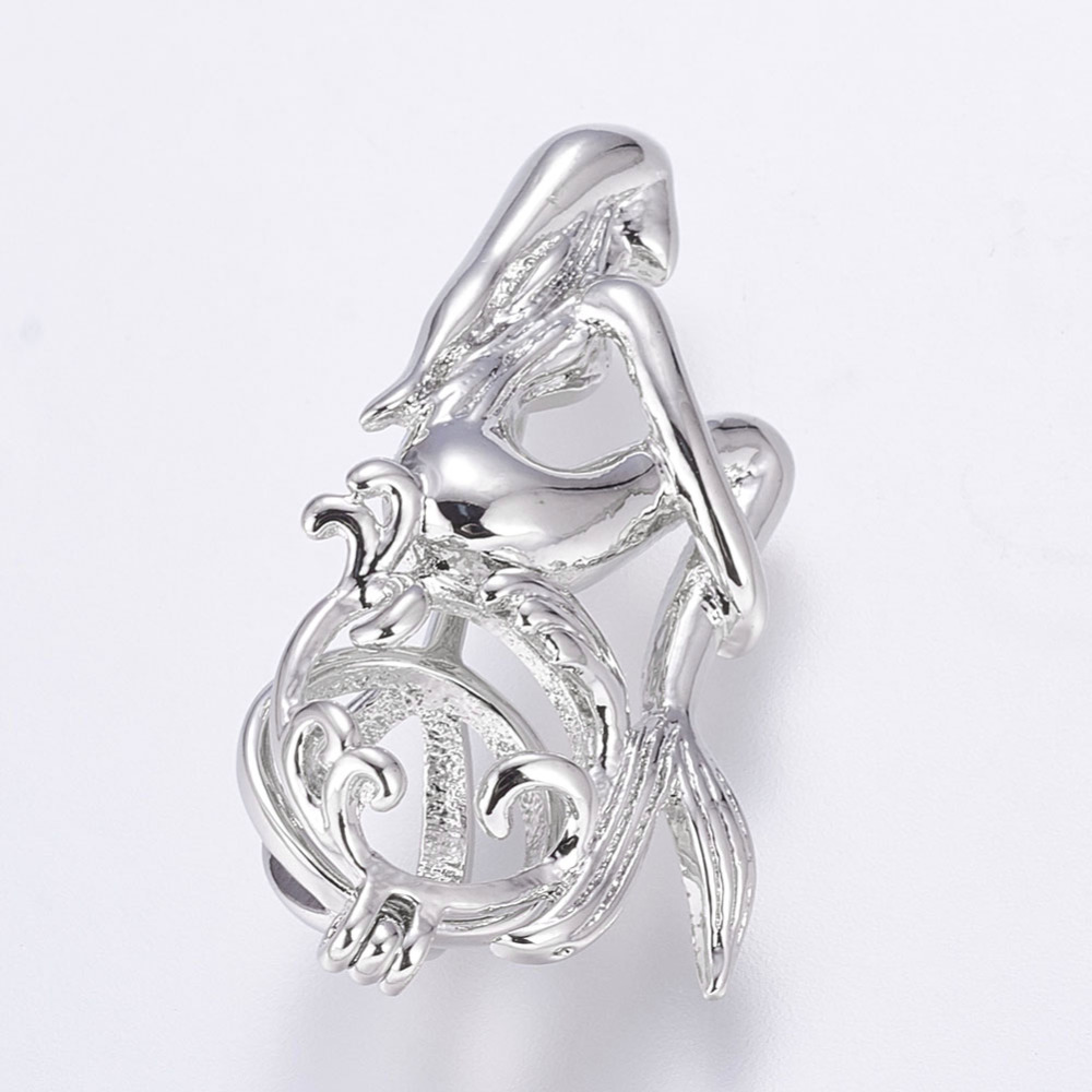 PandaHall Rack Plating Brass Locket Pendants, Cage Pendants, Mermaid Shaped, Platinum, 30x15x9mm, Hole: 3x4mm; inner diameter: 8mm Brass...