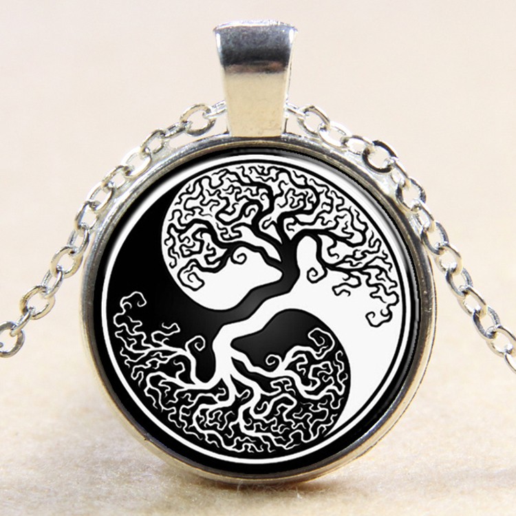 PandaHall Yin-Yang with Tree of Life Pattern Flat Round Glass Pendant Necklaces, with Alloy Chains, Silver, 18" Glass