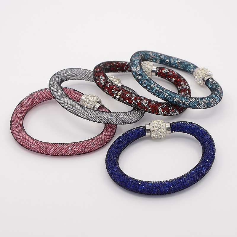 PandaHall Unique Net Bracelet for Women, Plastic Glass Rhinestone Bracelets, with Alloy Polymer Clay Rhinestone Magnetic Clasps, Mixed Color...