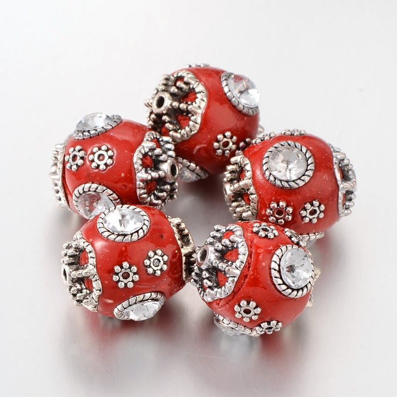 PandaHall Round Handmade Indonesia Beads, with Brass Cores, Red, Size: about 20mm in diameter, hole: 2mm. Polymer Clay Round Red