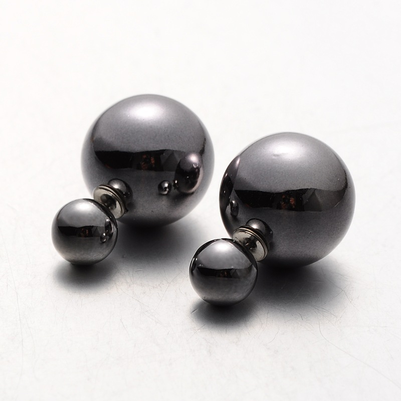 PandaHall Electroplated Plastic Pearl Ball Stud Earrings, Gray, 8~15.5mm, Pin: 0.8mm Plastic Gray