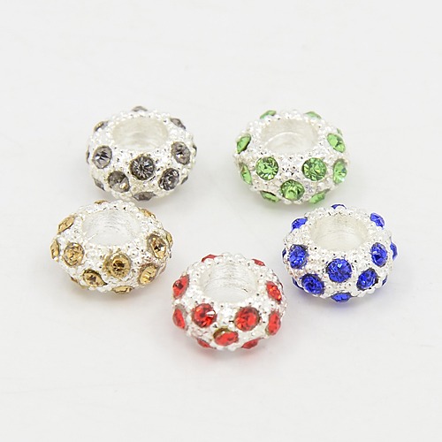 PandaHall Alloy Rhinestone European Beads, Large Hole Beads, Rondelle, Silver Metal Color, Mixed Color, 11x6mm, Hole: 5mm Rondelle...
