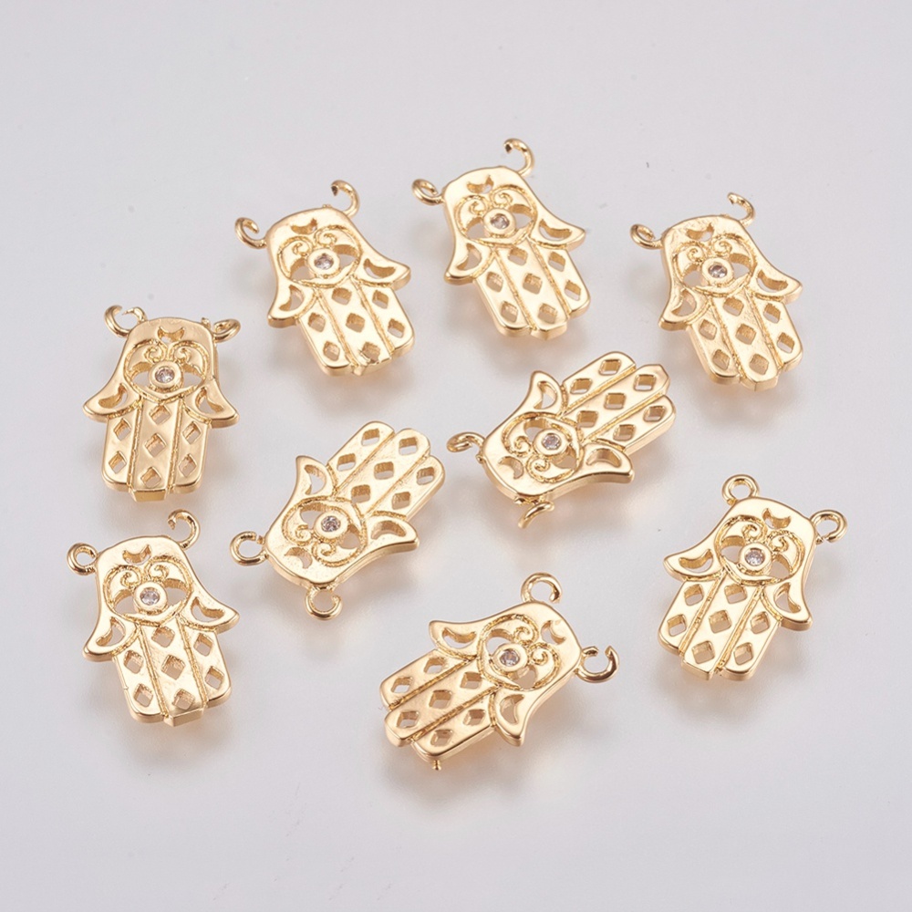PandaHall Brass Micro Pave Cubic Zirconia Charms, Hamsa Hand/Hand of Fatima/Hand of Miriam, Real Gold Plated, 12.5x9x1mm, Hole: 1mm...