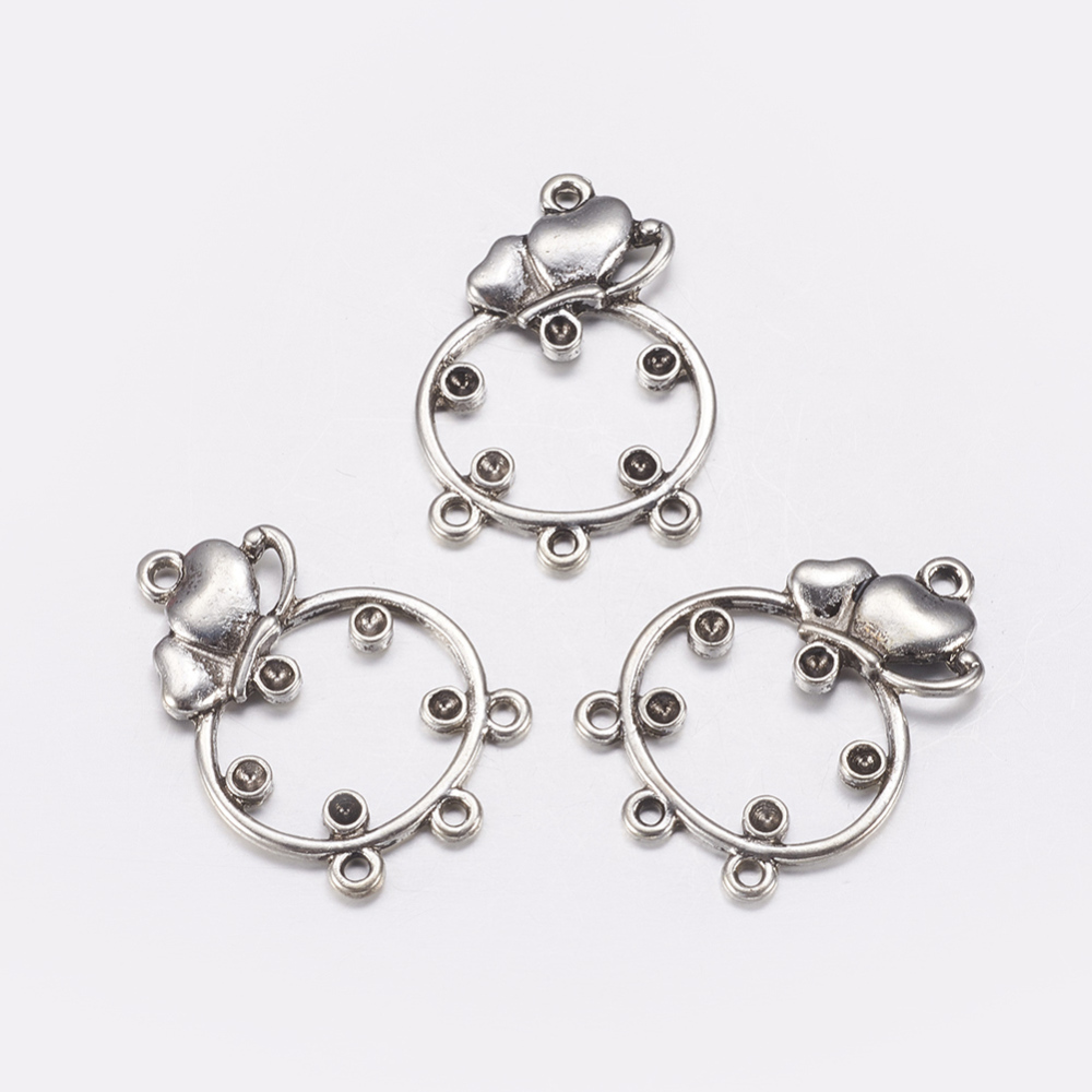 PandaHall Rhinestone Connector Settings, Lead Free and Cadmium Free, Alloy, Flat Round, accented with Butterfly, Antique Silver, about 34mm...