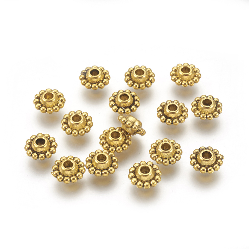 PandaHall Tibetan Style Bead Spacers, Lead Free & Nickel Free & Cadmium Free, Flower, Antique Golden Color, Size: about 9mm in diameter, 5mm...