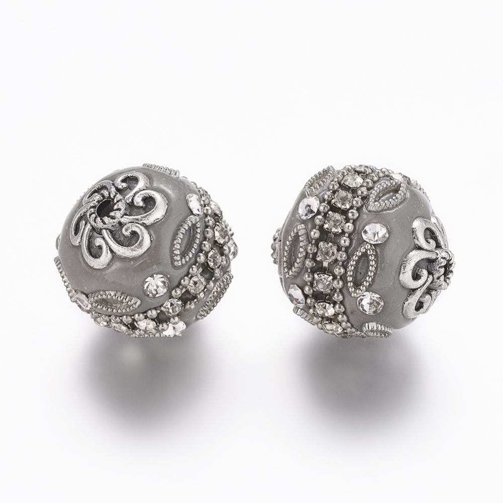 PandaHall Round Handmade Grade A Rhinestone Indonesia Beads, with Alloy Antique Silver Metal Color Cores, DarkGray, 20mm, Hole: 2mm Polymer...