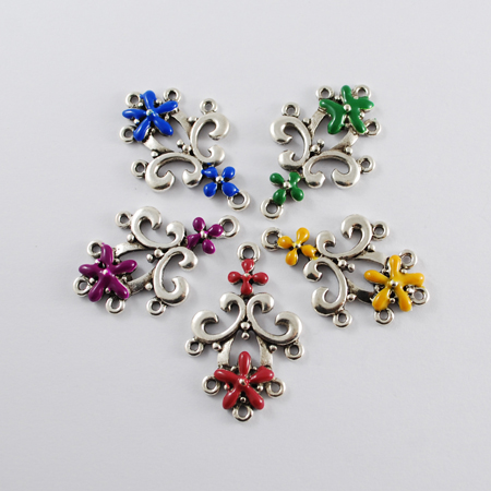 PandaHall Alloy Chandelier Component Links, Enamel Style, Flower, Antique Silver, Mixed Color, 34x22x3mm, Hole: 2mm Alloy Flower Multicolor