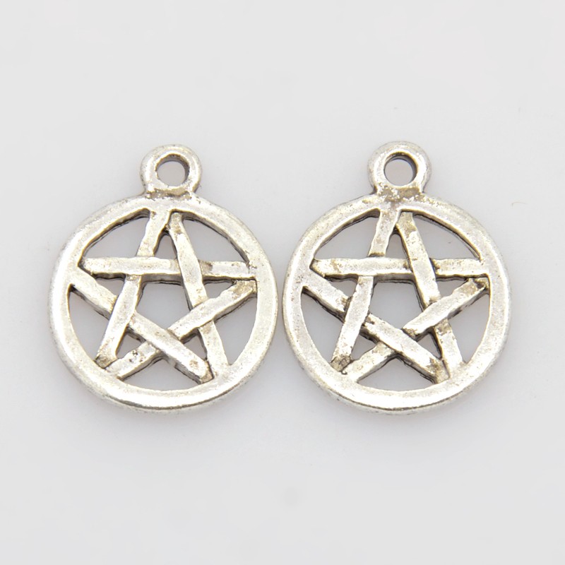 PandaHall Tibetan Style Pendants, Flat Round with Pentagram, Lead Free and cadmium free, Antique Silver, 16.5mm in diameter, 1.8mm thick...