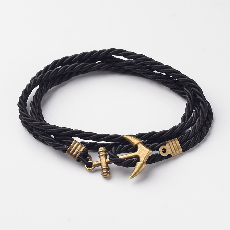 PandaHall Two Loops Polyester Cord Wrap Bracelets, with Anchor Antique Bronze Tone Alloy Findings, Black, 415x3mm Mixed Material Black