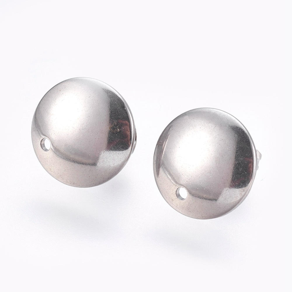 PandaHall 304 Stainless Steel Stud Earring Findings, Flat Round, Stainless Steel Color, 12mm; 13x2mm; pin: 0.8mm Stainless Steel