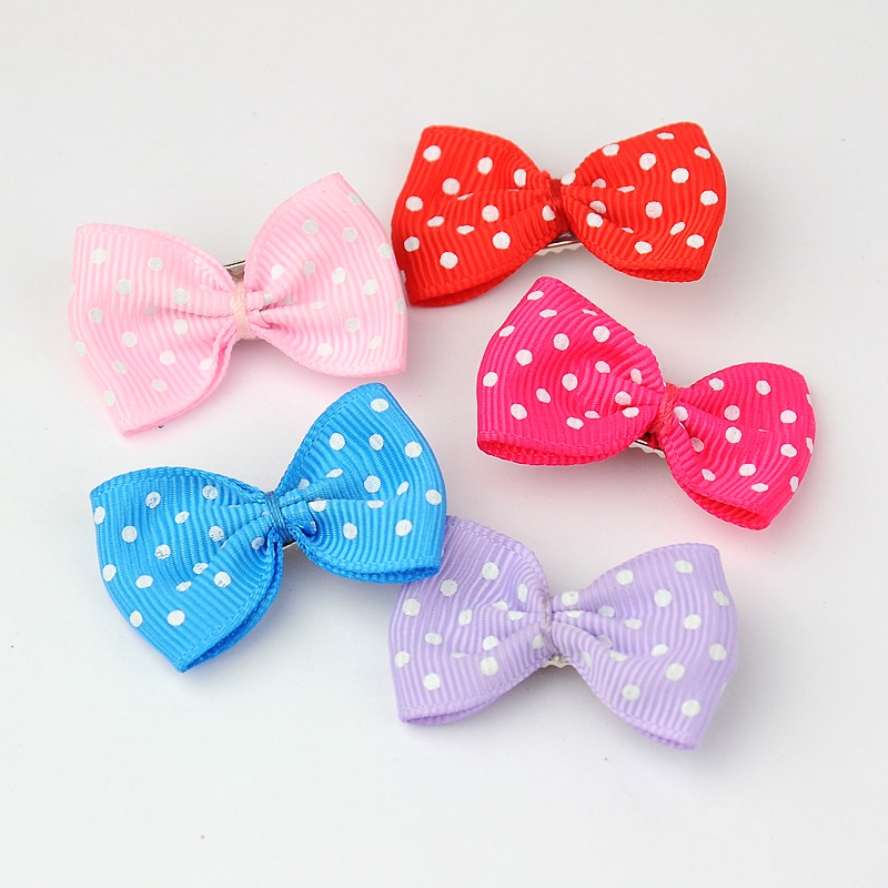 PandaHall Iron Flat Alligator Hair Clips, with Printed Dot Ribbon Bowknot, Mixed Color, 35~40mm Cloth Multicolor