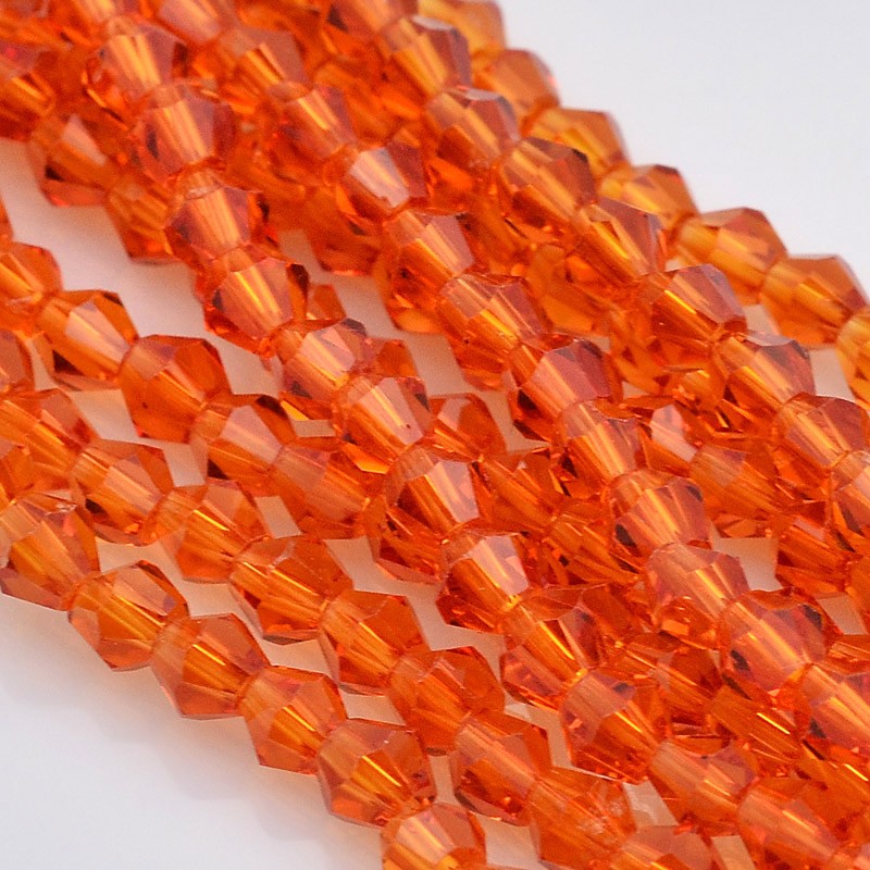 PandaHall Faceted Bicone Glass Beads Strands, OrangeRed, 4x4mm, Hole: 1mm; about 120pcs/strand, 18.1" Glass Bicone Red