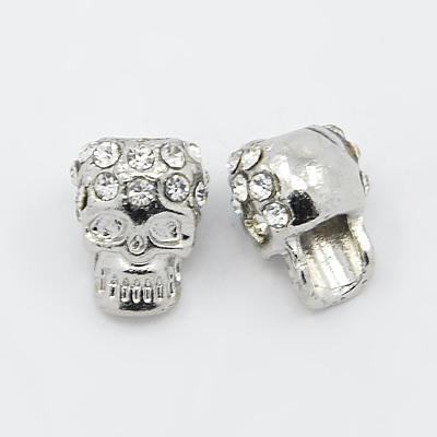 PandaHall Zinc Alloy Beads, with Rhinestone, Halloween, Skull, Platinum, 12x8mm, Hole: 3mm Alloy+Rhinestone Skull White