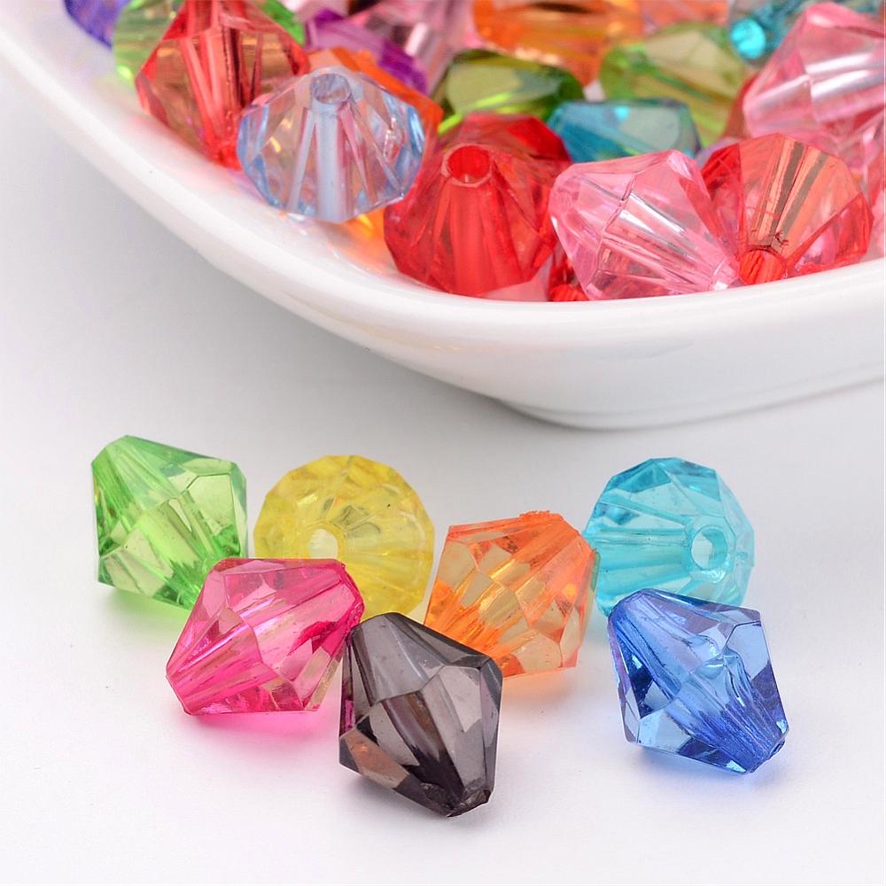 PandaHall Mixed Transparent Acrylic Beads, Faceted Bicone, Dyed, about 10 mm in diameter, hole: 1.5mm Acrylic Bicone Multicolor