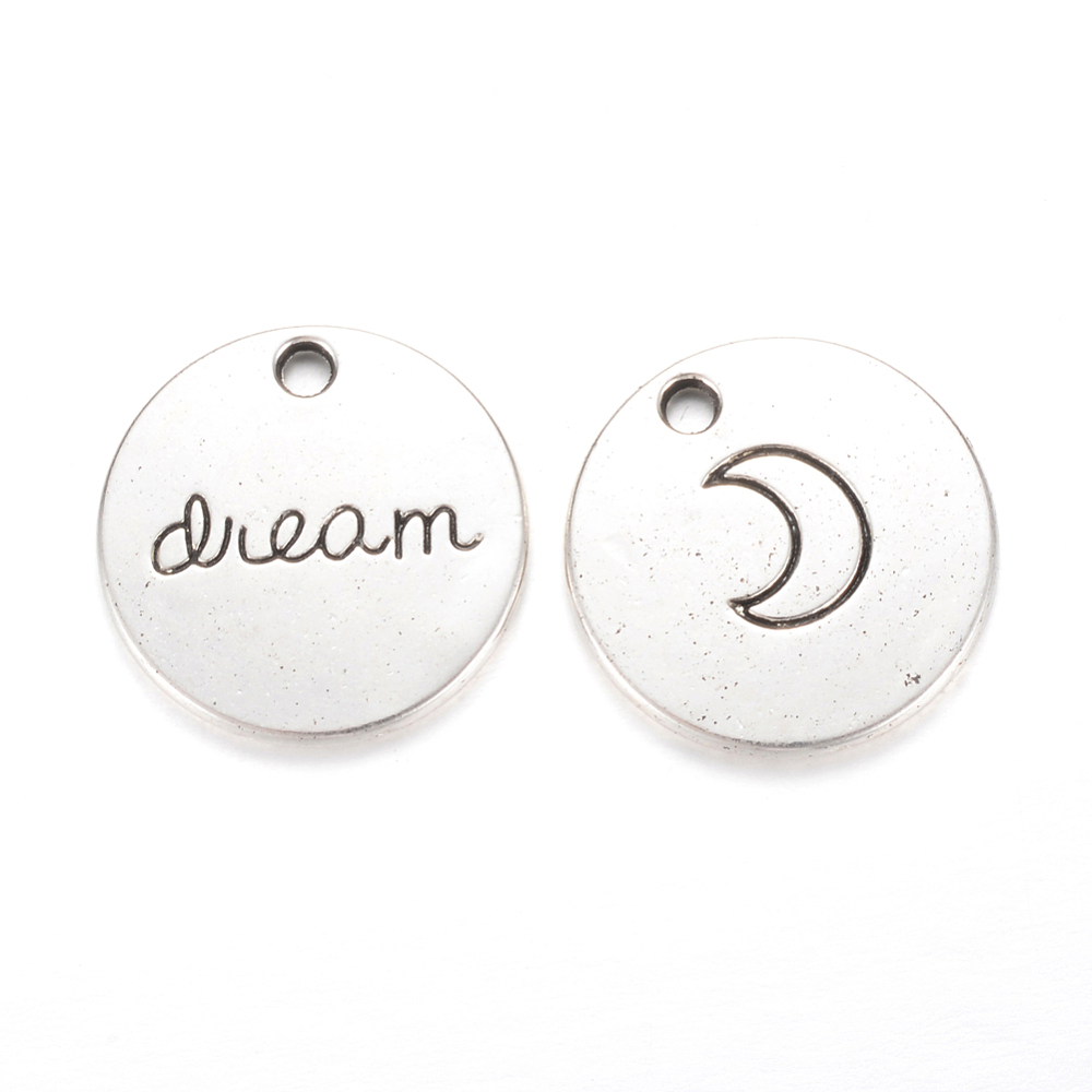 PandaHall Tibetan Style Alloy Pendants, Flat Round with Moon and Word Dream, Lead Free & Cadmium Free, Antique Silver, 19.5x2mm, Hole: 2mm;...