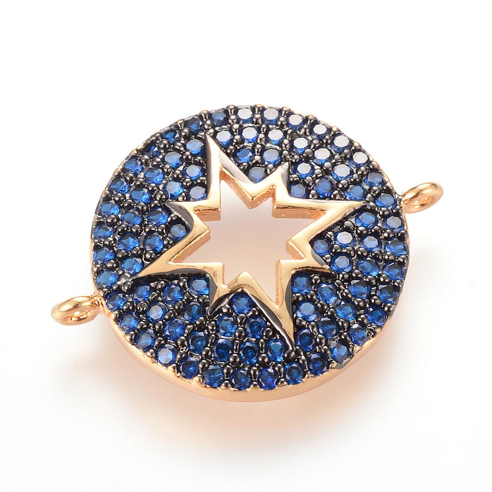 PandaHall Brass Micro Pave Cubic Zirconia Links, Flat Round, Golden, MediumBlue, 25.6x21mm Brass+Cubic Zirconia Flat Round Blue