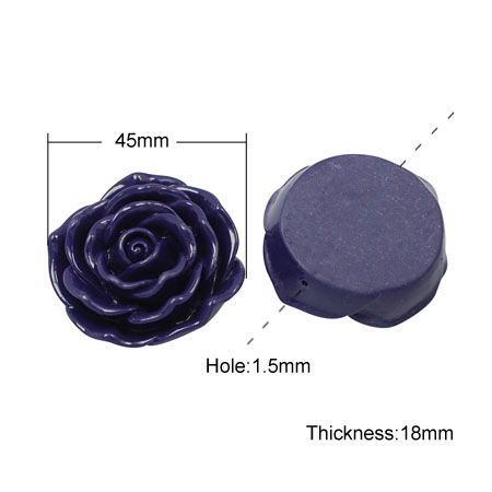 PandaHall Resin Flower Rose Beads, MidnightBlue, 45x18mm, Hole: 1.5mm Resin Flower Blue