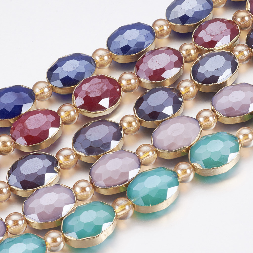 PandaHall Opaque Glass Beads Strands, with Golden Tone Brass Findings, Pearl Luster Plated, Faceted, Oval & Round, Mixed Color, 16x12x7.5mm...