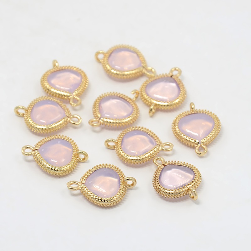 PandaHall Real Gold Plated Brass Glass Links, Triangle, LavenderBlush, 19x13x4.5mm, Hole: 1mm Glass Triangle Pink