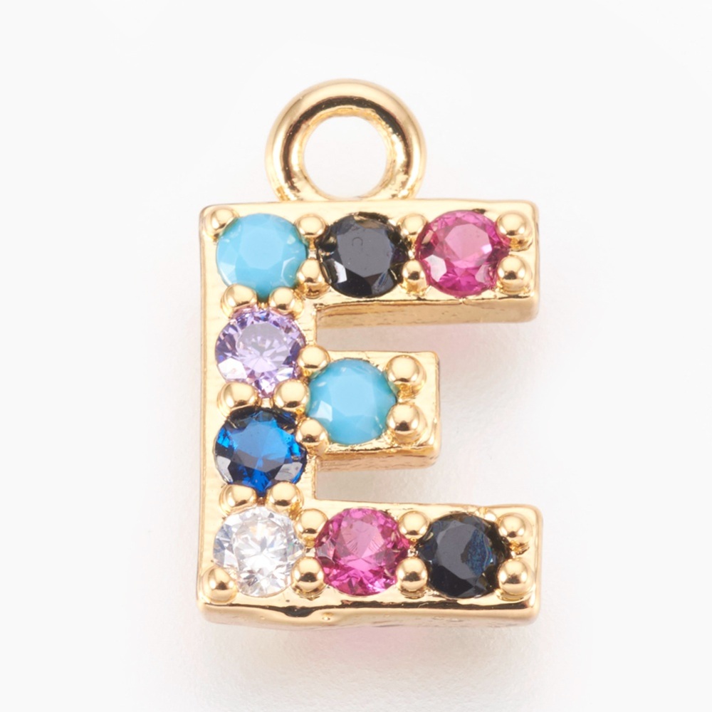 PandaHall Brass Micro Pave Cubic Zirconia Charms, Alphabet, Golden, Letter.E, 13~14x7~10x2~2.5mm, Hole: 1.5~1.8mm Brass+Cubic Zirconia...