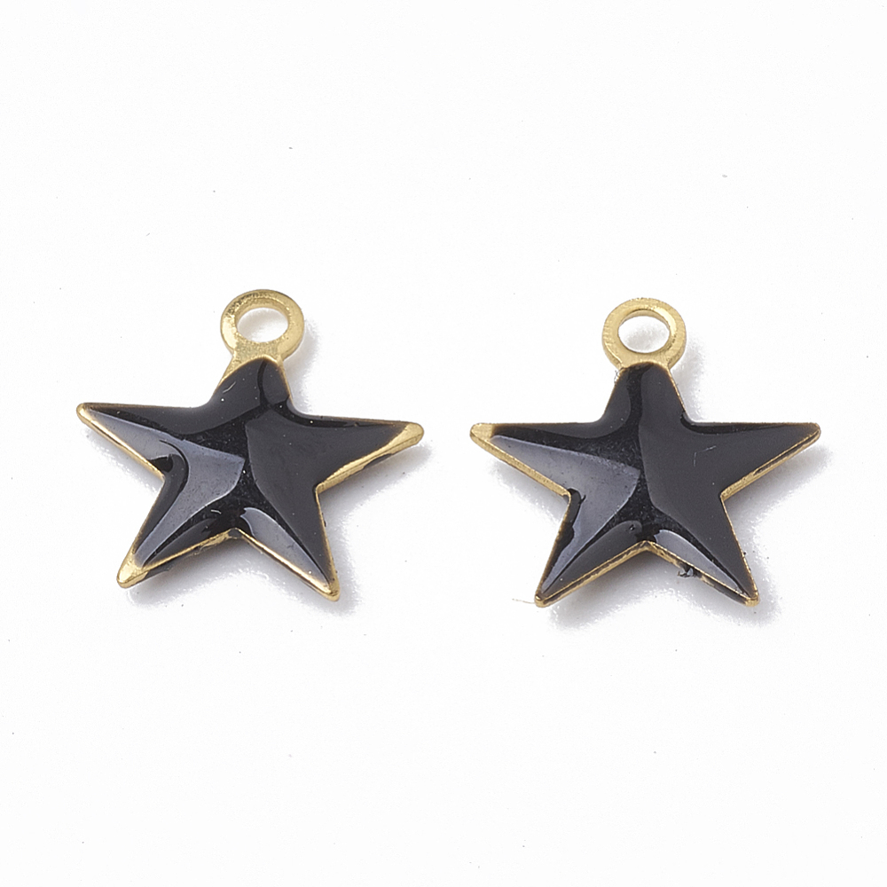 PandaHall Brass Charms, with Enamelled Sequins, Unplated, Star, Black, 10.5x10x1.5mm, Hole: 1mm Brass+Enamel Star Black