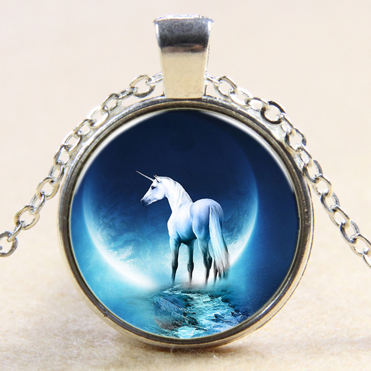 PandaHall Unicorn Pattern Flat Round Glass Pendant Necklaces, with Alloy Chains, Silver, 18" Alloy