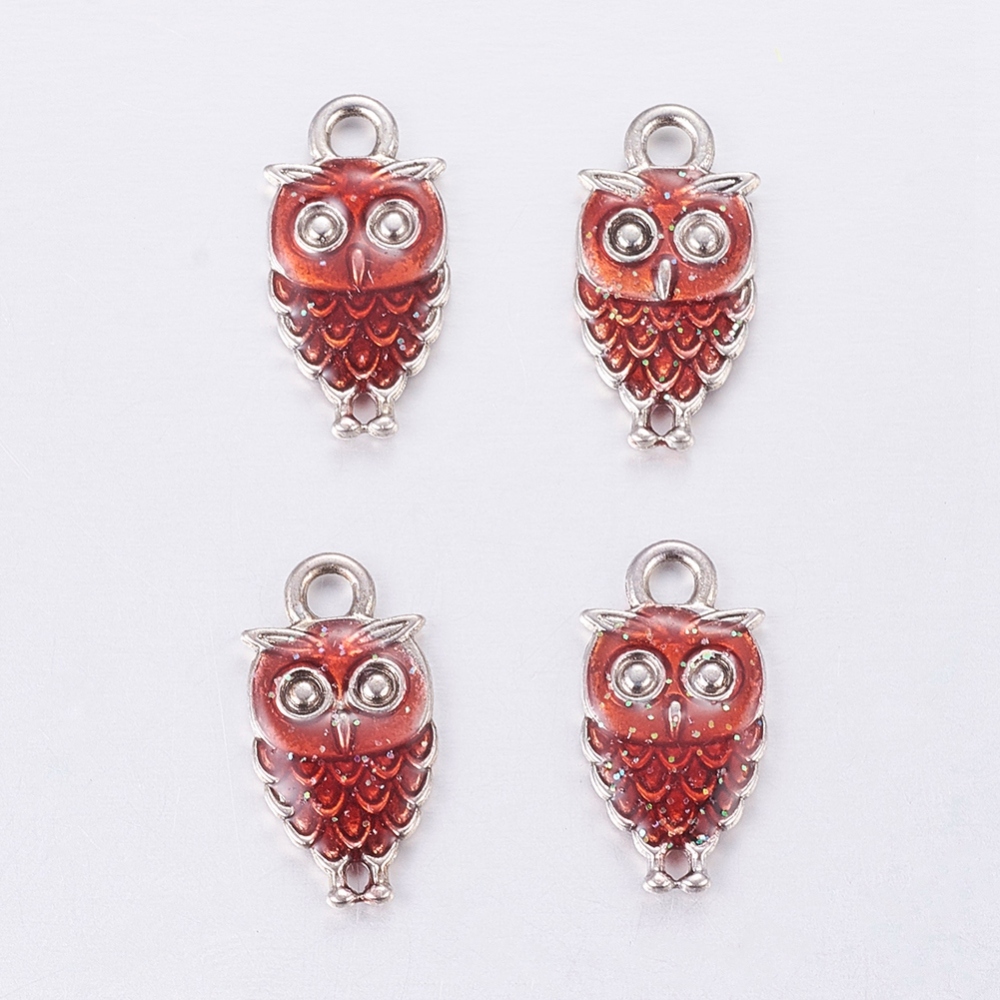 PandaHall Alloy Enamel Pendants, Owl, for Halloween, Antique Silver Metal Color, Red, 18.5x9.5x2.5mm Alloy+Enamel Owl Red