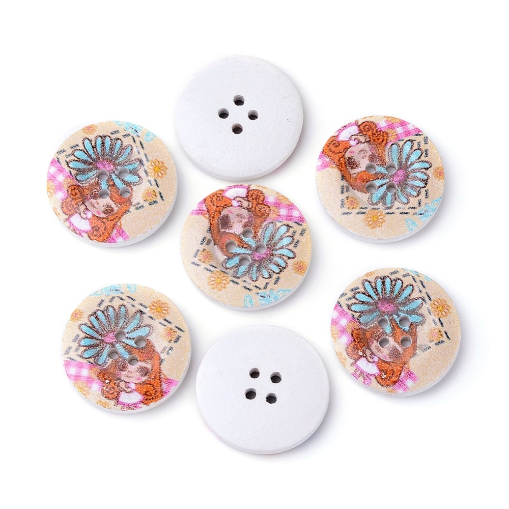 PandaHall 4-Hole Wooden Buttons, Printed Flat Round Button, Colorful, 25x5mm, Hole: 2mm Wood Flat Round