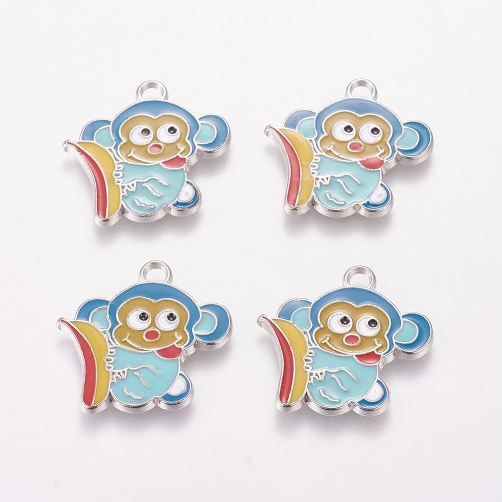 PandaHall Alloy Enamel Pendants, Monkey Pendants for Kids Jewelry Making, Platinum, Cyan, 27x20x2mm, Hole: 2.5mm Alloy+Enamel Monkey Cyan