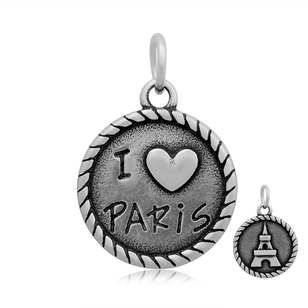 PandaHall 316 Stainless Steel Pendants, Flat Round with Word Paris, Antique Silver, 21.5x18x2mm, Hole: 5mm Stainless Steel Flat Round